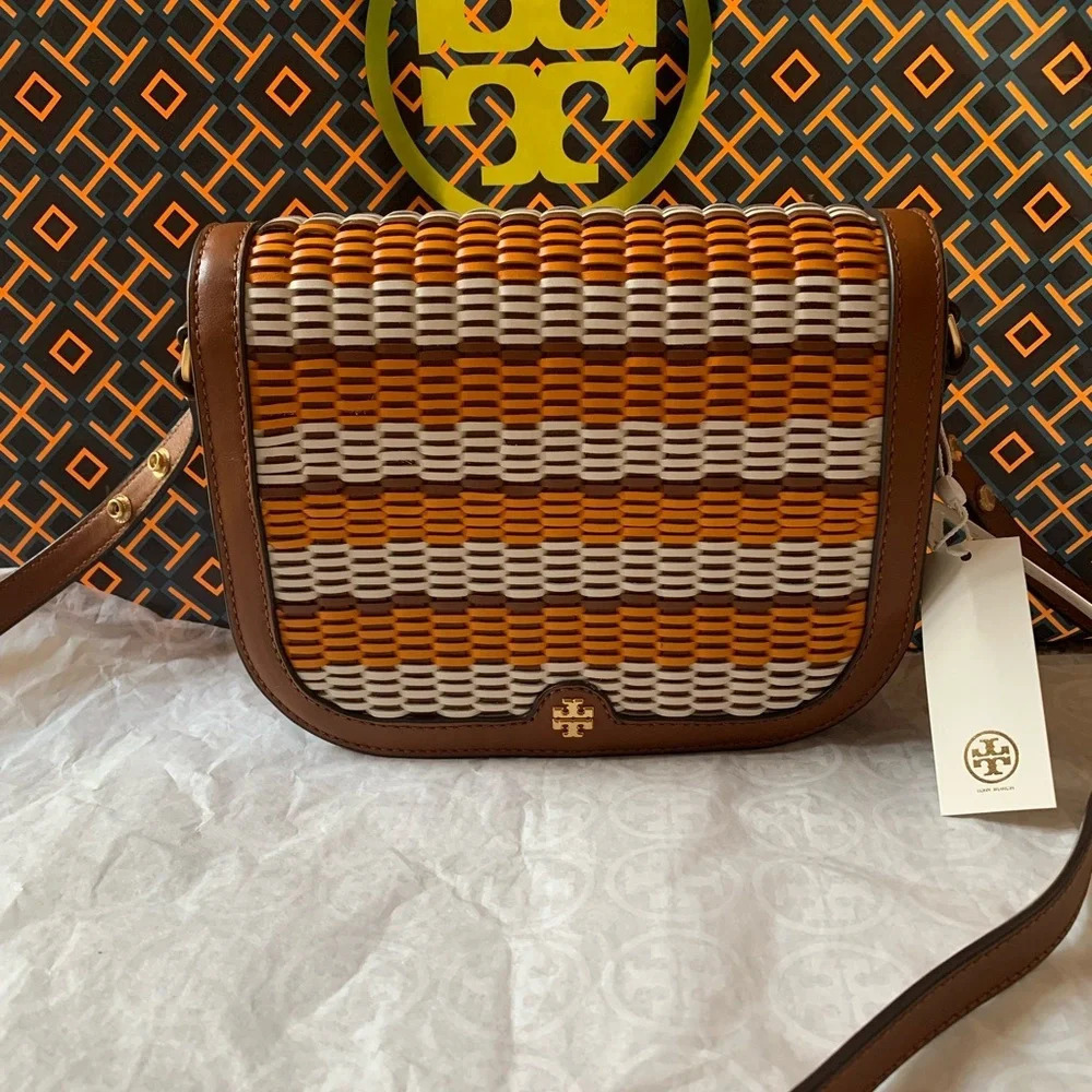 Tory Burch Emerson Woven Crossbody Bag Multicolor Orange White Tan Brown Gold